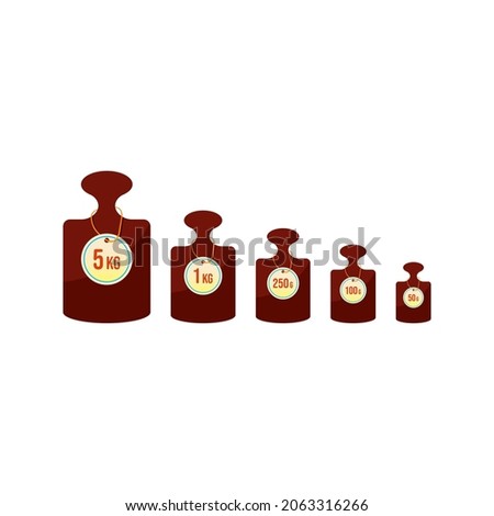 Balance weights of 5 kg, 1 kg, 250 g, 100 g, 50 g. kilogram and gram weights