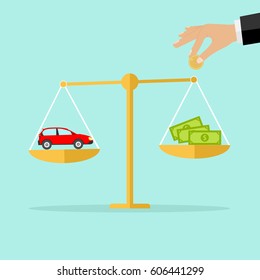 Balance The Weights Of Money In Exchange For A Car. Flat Design, Vector Illustration, Vector.