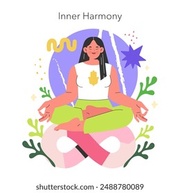 Balance Wheel concept. Illustration of a woman in meditation, seeking spiritual balance and inner harmony, surrounded by abstract shapes. Vector illustration.