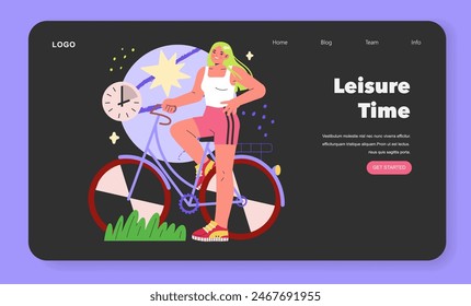 Balance Wheel concept. A vibrant illustration showcasing work-life balance with a person cycling, juxtaposed with a clock. Relaxation and time management theme. Vector illustration.