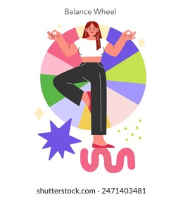 Balance Wheel concept. Woman meditating for self-improvement and harmony with colorful life balance chart in background. Wellness and personal growth. Vector illustration.