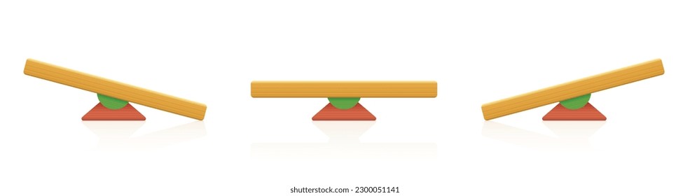 Balance, wooden seesaw, equal and unequal weight, balanced and unbalanced colored wooden building toy blocks. Isolated vector illustration on white background.
