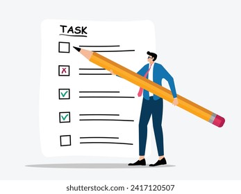 The balance of work and business strategy evaluation is depicted in this illustration. A professional uses a large pencil to mark achievements and confidently assess work plans.