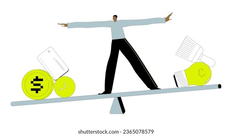 Concepto de equilibrio en el trabajo. Pequeño personaje masculino que balancea en inmensa vista con diferentes valores, tiempo, auto desarrollo de dinero.