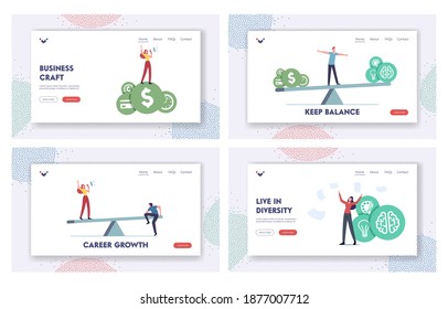 Balance at Work Landing Page Template Set. Tiny Characters Balancing on Huge Seesaw with Different Values Money, Finance Freedom, Hobby, Family or Self Development. Cartoon People Vector Illustration