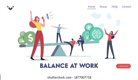 Balance at Work Landing Page Template. Tiny Characters Balancing on Huge Seesaw with Different Values Money, Finance Freedom, Hobby, Family or Self Development. Cartoon People Vector Illustration