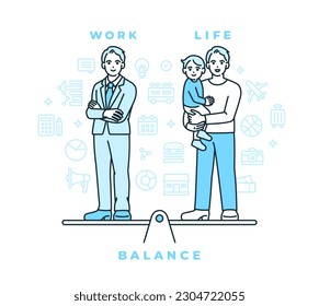 Balance work and private life. Illustration material of a man who lives a fulfilling life.