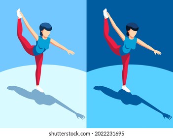 Balance yoga pose. Yoga pose - woman standing on one leg. 3d vector isometric illustration.