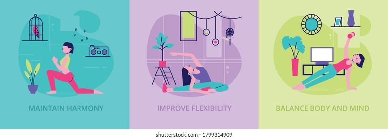 Balance Your Body Mind Soul Home 3 Flat Compositions With Stretching Workout Fitness Yoga For Women Vector Illustration