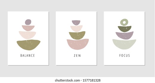 Balance Zen Focus flat vector posters set. Motivational drawings collection isolated on white background. Creative print, t shirt design element. Balance, harmony and wellbeing concept