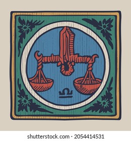 Balance zodiac medieval-style illustration. Dim colored square emblem perfect for T-shirts, retro manuscripts, and invitations.