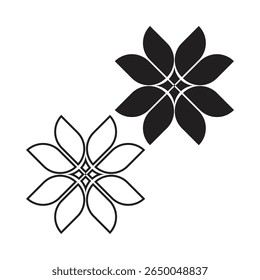 Um design abstrato equilibrado combinando formas florais preenchidas e contornadas, mostrando harmonia através de contraste e simetria geométrica em tons duplos.