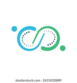 A balanced, abstract logo forming an "S" or infinity symbol from two intertwining arcs, one blue and one green, with dotted lines and spheres