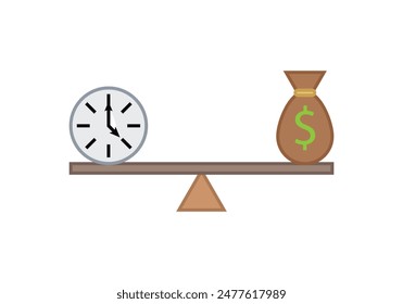 Balanced balance between time and money bag representing balance between work and free time