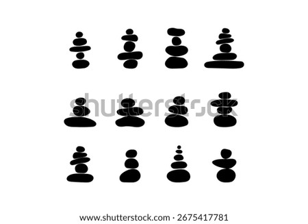 Balanced black stone cairns forming a pyramid like pile. Zen, harmony, and meditation. Minimalist composition, peace, tranquility, and mindfulness. Wellness, spa, nature and relax concept vector