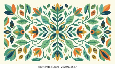 Balanced botanical pattern featuring geometric teal leaves and orange flowers in a symmetrical folk art layout. The vibrant composition uses a cream backdrop for web or print projects.