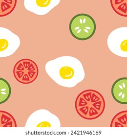 Balanced Breakfast seamless pattern with fried eggs, cucumber and tomato slices. Perfect print for paper, fabric, textile. Hand drawn vector illustration.

