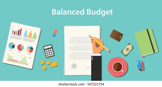 balanced budget illustration with businessman working on paper document with graph money chart paperwork
