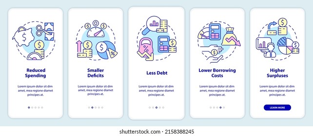 Balanced budget requirements onboarding mobile app screen. Walkthrough 5 steps graphic instructions pages with linear concepts. UI, UX, GUI template. Myriad Pro-Bold, Regular fonts used