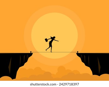 Balanced businesswoman climbs rope across cliff gap. vector 