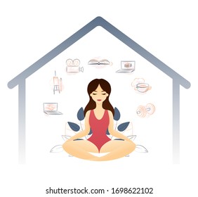 Balanced and calm quarantined girl stays at home
