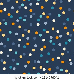 Balanced confetti surface vector pattern, seamless repeat in cool blue & warm yellow shades. Trendy minimal style. Great for fabrics, greeting cards, wallpapers, wrapping paper, backgrounds etc.