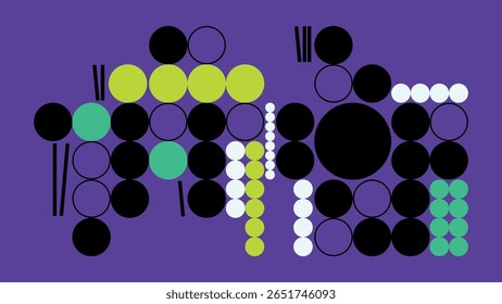 Balanced design of multi-colored dots and bold circles on turquoise, creating a vibrant, artistic, and futuristic abstract landscape.