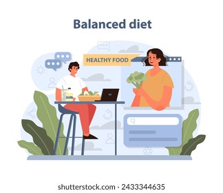 Balanced Diet depiction. A serene setting with individuals engaging in healthy eating and meal planning. Portraying nutritional choices. Vector illustration.