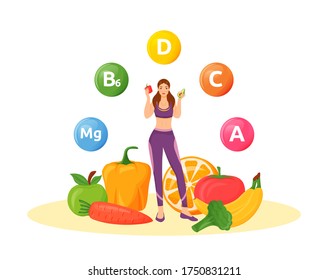 Balanced diet flat concept vector illustration. Womens healthy nutrition 2D cartoon character for web design. Fruits and vegetables for active lifestyle. Vitamins C, D, A, B6 creative idea