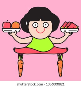 A Balanced Diet Girl Holding A Plate Of Fruits While Balancing On Carrots. Beauty Secrets Of Healthy Food Concept Card Character illustration