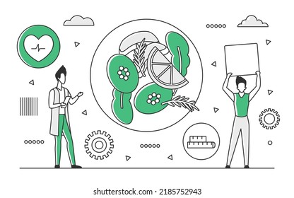 Balanced diet and healthy food program. Nutritionist consultation and nutrition advice vector monocolor illustration