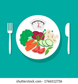 Balanced diet. Healthy nutrition. Fresh vegetables on white plate, fork and knife. Vector illustration
