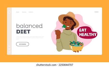 Balanced Diet Landing Page Template. Health Care, Immunity Boost Concept with Person Eat Vegan Meal. Female Character Eat Healthy Food. Woman Hold Bowl with Salad. Cartoon People Vector Illustration