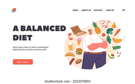 Balanced Diet Landing Page Template. Food Choice Concept with Fat Overweight Male Characters Choose between Healthy and Unhealthy Meals. Man Choose Nutrients. Cartoon People Vector Illustration