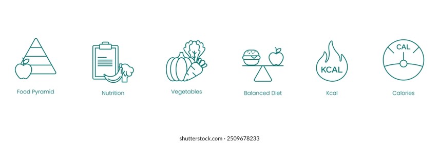 Dieta equilibrada e ícones do vetor da nutrição: Pirâmide alimentar, nutrição, legumes, dieta equilibrada, kcal e calorias