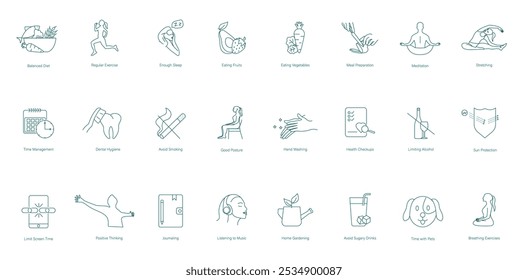 Dieta equilibrada, exercícios regulares, dormir o suficiente, comer frutas, comer legumes, preparação de refeições, meditação, alongamento, gestão do tempo, higiene dentária, parar de fumar, bons ícones de postura