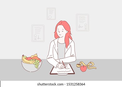 Balanced diet for weight control concept. Dietitian writing healthy nutrition plan including fresh fruits to daily menu, nutritionist prescribing vegetarian diet. Simple flat vector