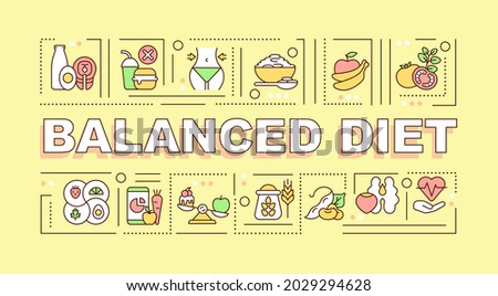 Balanced diet word concepts banner. Products rich in nutrients. Infographics with linear icons on yellow background. Isolated creative typography. Vector outline color illustration with text