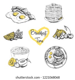 Balanced diet.Breakfasts and brunches . Food menu design. Vintage hand drawn sketch vector illustration.Engraved style image. Traditional breakfast.