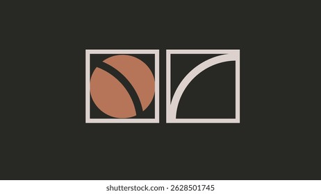 Balanced geometric composition with circular and curved elements in outlined frames on a dark background. Simple and modern.