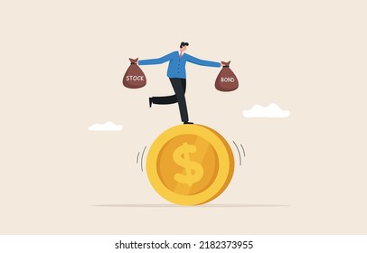 Balanced investment strategy. Portfolio Asset Classification. 
Balancing risk and reward. Balancing stock and bond.  Businessman investor balancing as acrobat on giant dollar coin.