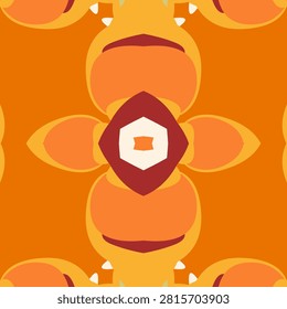 Balanced kaleidoscope design in brass, burnt orange, scarlet, brick red, pure red, orange zest, golden yellow, cream white, gradient autumn ember style