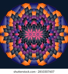 Balanced kaleidoscope design rendered in pure black, night watcher, storm blue, electric orange, eerie sunset, bloody pink, void purple, abyssal blue and halloween pumpkin void tones