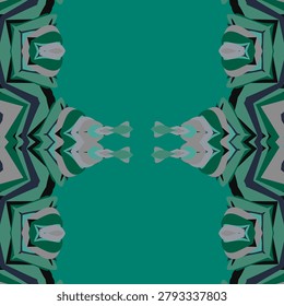 Balanced kaleidoscope design rendered in toxic algae, murky depths, midnight cove, black void and halloween deep swamp tones