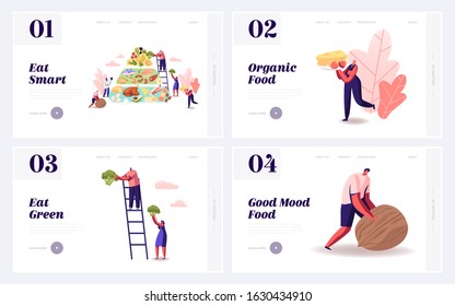 Balanced Keto Diet Eating Website Landing Page Set. Ketogenic Diet Pyramid Diagram, People Eat Products with Low Carbs and High Healthy Fat Content Web Page Banner. Cartoon Flat Vector Illustration