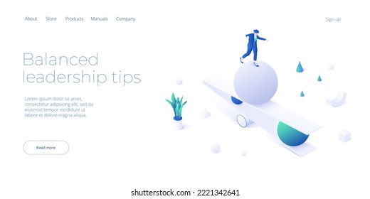Balanced leadership concept in isometric vector illustration. Leader balancing life and work. Business stability metaphor.  Web banner layout template svg