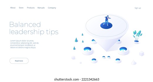 Balanced leadership concept in isometric vector illustration. Leader balancing life and work. Business stability metaphor.  Web banner layout template