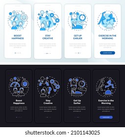 Balanced life idea night and day mode onboarding mobile app screen. Tips walkthrough 4 steps graphic instructions pages with linear concepts. UI, UX, GUI template. Myriad Pro-Bold, Regular fonts used