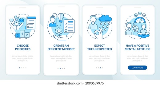 Balanced life tips blue onboarding mobile app screen. Healthcare benefits walkthrough 4 steps graphic instructions pages with linear concepts. UI, UX, GUI template. Myriad Pro-Bold, Regular fonts used