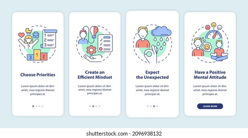 Balanced life tips onboarding mobile app screen. Selfcare benefits walkthrough 4 steps graphic instructions pages with linear concepts. UI, UX, GUI template. Myriad Pro-Bold, Regular fonts used